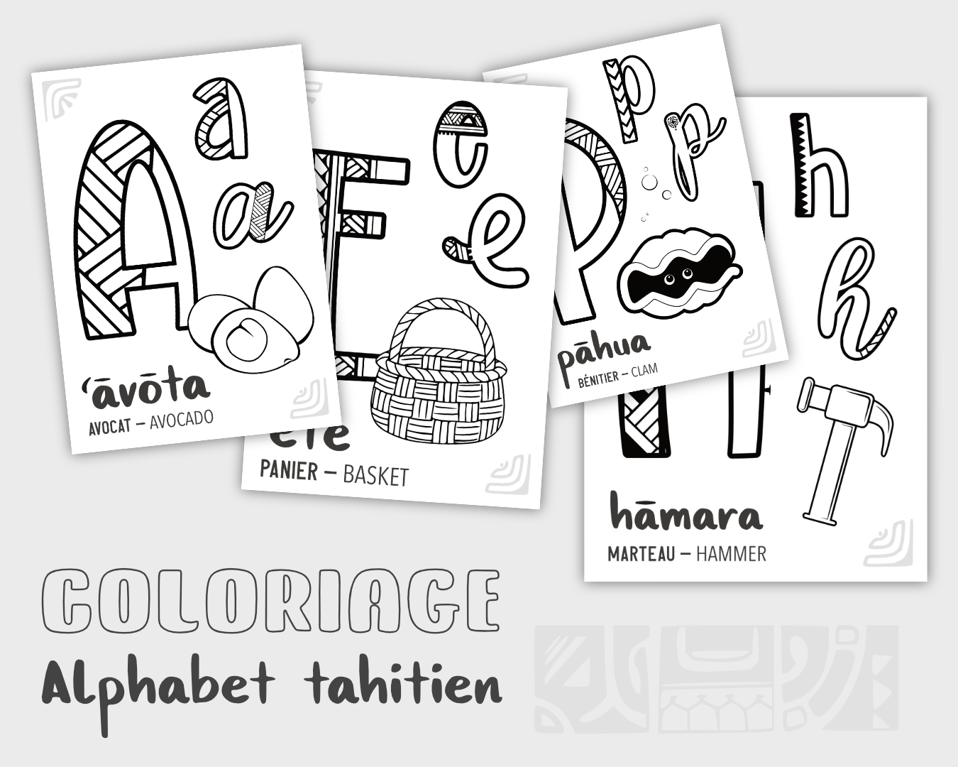 Pages du livret d'activités Alphabet tahitien, lettres à colorier